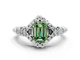 White gold Fancy Green Emerald Cut Diamond Solitaire Ring with Hidden Halo and Pavé Band_81