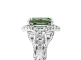 White gold Fancy Green Emerald Cut Diamond Solitaire Ring with Hidden Halo and Pavé Band_86