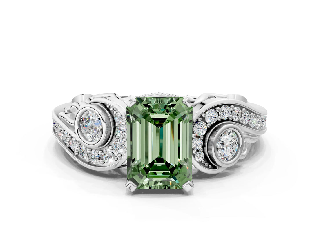 White gold Fancy Green Emerald Cut Diamond Solitaire Ring with Milgrain Pavé Band and Four-Prong Setting_299