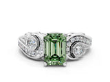 White gold Fancy Green Emerald Cut Diamond Solitaire Ring with Milgrain Pavé Band and Four-Prong Setting_299