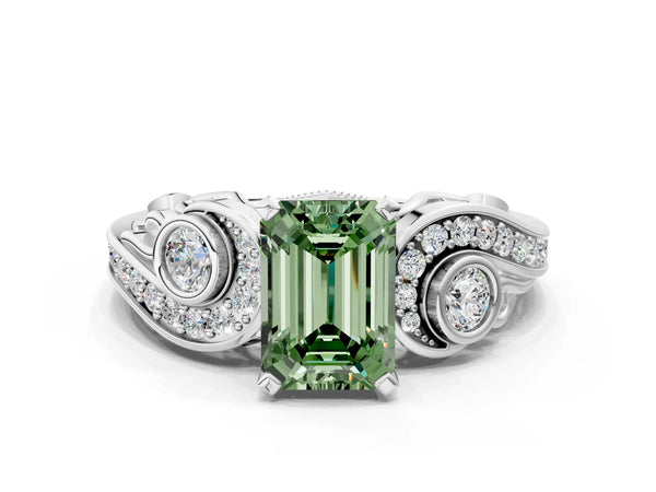 Platinum Fancy Green Emerald Cut Diamond Solitaire Ring with Milgrain Pavé Band and Four-Prong Setting