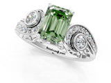 White gold Fancy Green Emerald Cut Diamond Solitaire Ring with Milgrain Pavé Band and Four-Prong Setting_300