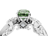 White gold Fancy Green Emerald Cut Diamond Solitaire Ring with Milgrain Pavé Band and Four-Prong Setting_302