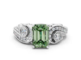 White gold Fancy Green Emerald Cut Diamond Solitaire Ring with Milgrain Pavé Band and Four-Prong Setting_312