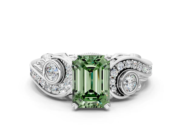 Platinum Fancy Green Emerald Cut Diamond Solitaire Ring with Milgrain Pavé Band and Four-Prong Setting