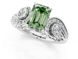 White gold Fancy Green Emerald Cut Diamond Solitaire Ring with Milgrain Pavé Band and Four-Prong Setting_313