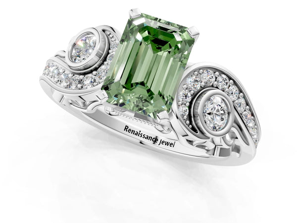 Platinum Fancy Green Emerald Cut Diamond Solitaire Ring with Milgrain Pavé Band and Four-Prong Setting