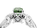 White gold Fancy Green Emerald Cut Diamond Solitaire Ring with Milgrain Pavé Band and Four-Prong Setting_314