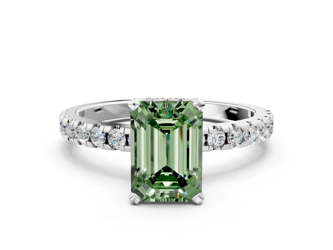 White gold Fancy Green Emerald Cut Diamond Solitaire Ring with Pavé Band and Four-Prong Setting_87