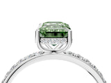 White gold Fancy Green Emerald Cut Diamond Solitaire Ring with Pavé Band and Hidden Halo_35