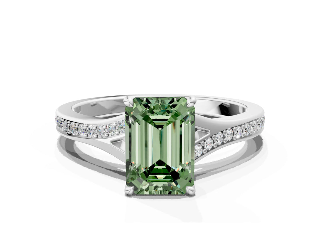 White gold Fancy Green Emerald Cut Diamond Solitaire Ring with Pavé Band and Prong Setting_12