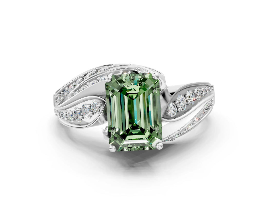White gold Fancy Green Emerald Cut Diamond Solitaire Ring with Prong Setting and Twisted Pavé Band_12