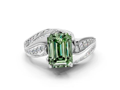 White gold Fancy Green Emerald Cut Diamond Solitaire Ring with Prong Setting and Twisted Pavé Band_12
