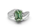 White gold Fancy Green Emerald Cut Diamond Solitaire Ring with Prong Setting and Twisted Pavé Band_12