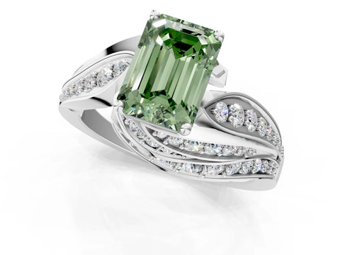 White gold Fancy Green Emerald Cut Diamond Solitaire Ring with Prong Setting and Twisted Pavé Band_13