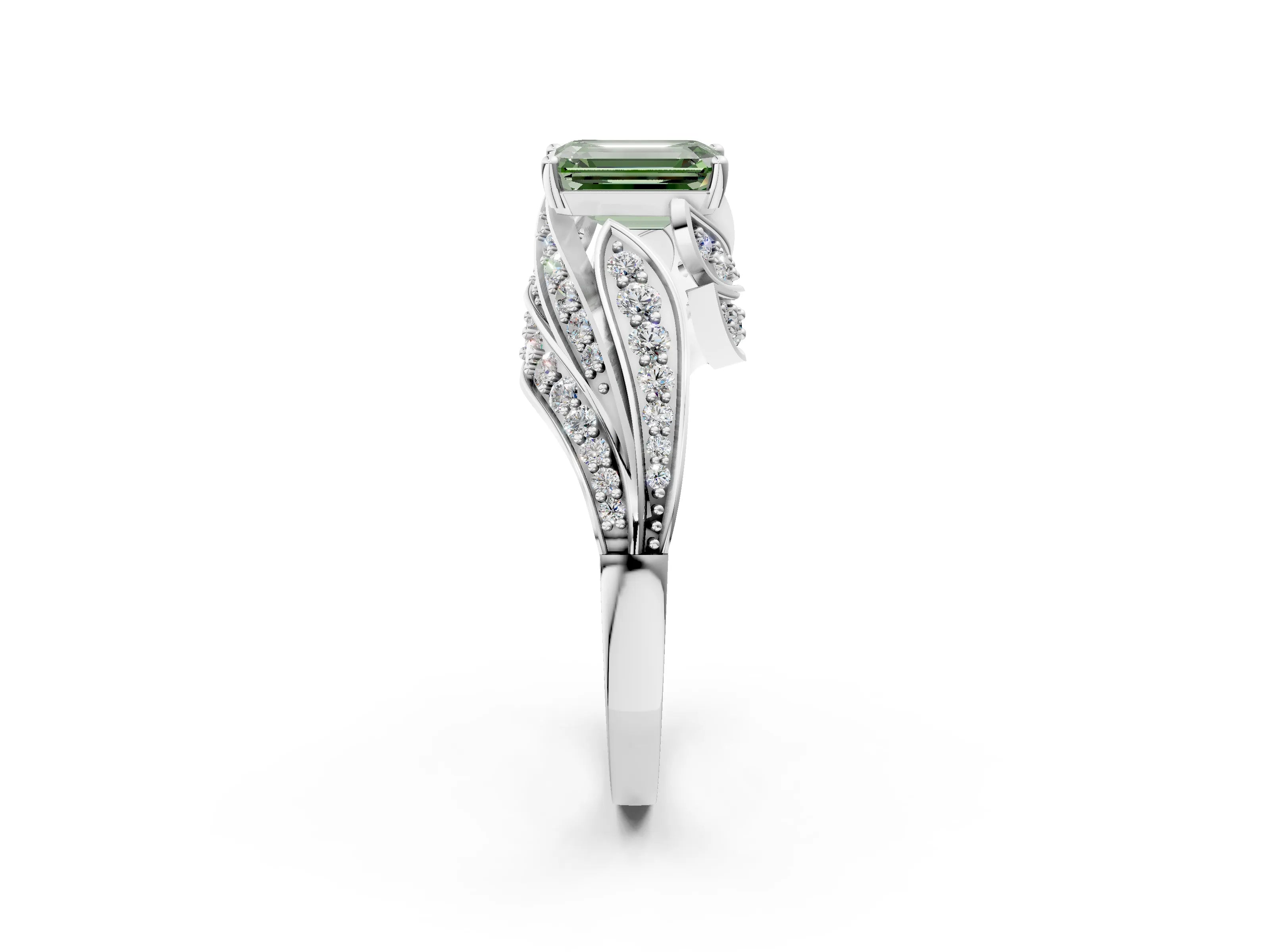 White gold Fancy Green Emerald Cut Diamond Solitaire Ring with Prong Setting and Twisted Pavé Band_14