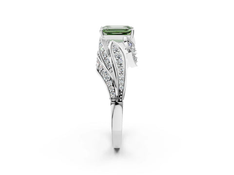 White gold Fancy Green Emerald Cut Diamond Solitaire Ring with Prong Setting and Twisted Pavé Band_14