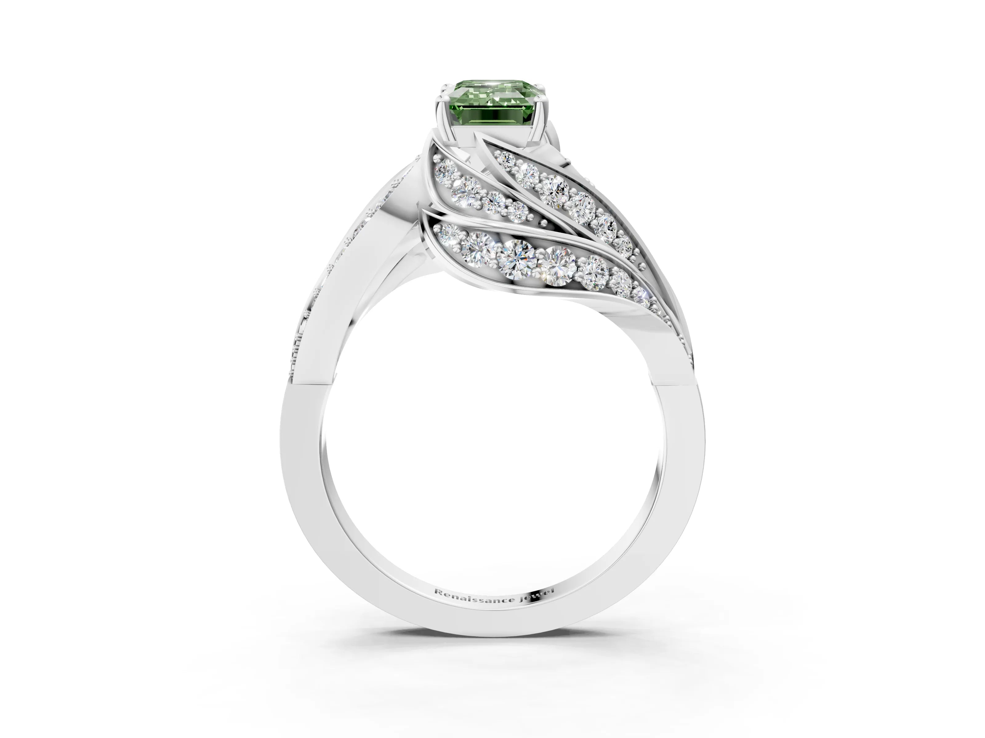 White gold Fancy Green Emerald Cut Diamond Solitaire Ring with Prong Setting and Twisted Pavé Band_15