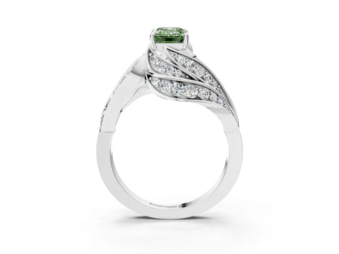 White gold Fancy Green Emerald Cut Diamond Solitaire Ring with Prong Setting and Twisted Pavé Band_15