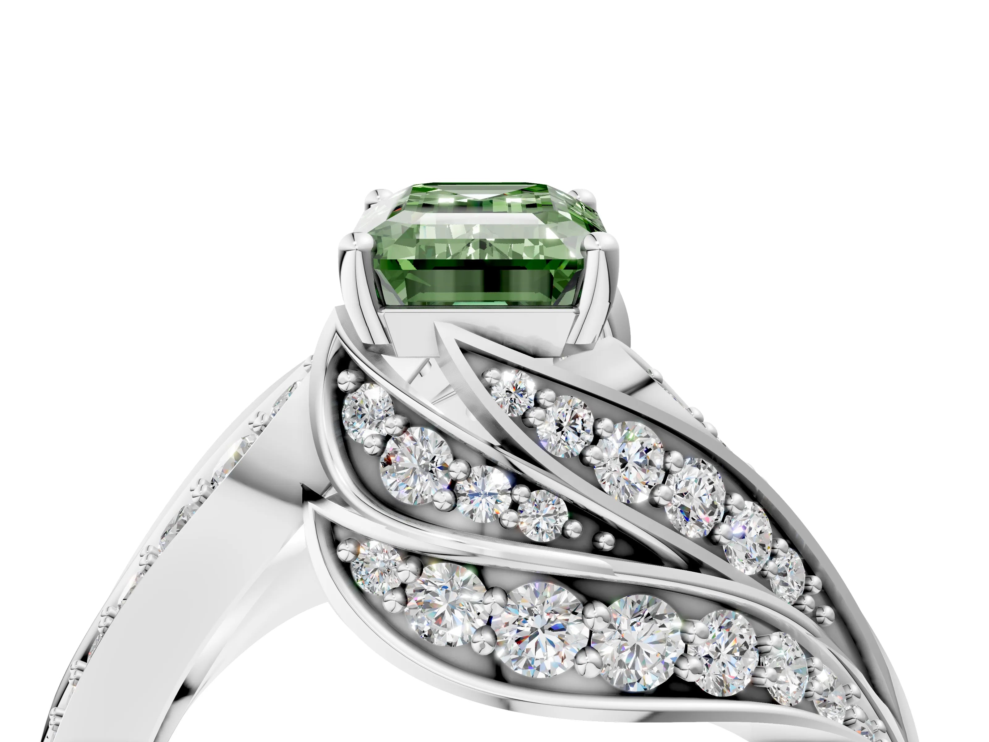 White gold Fancy Green Emerald Cut Diamond Solitaire Ring with Prong Setting and Twisted Pavé Band_16
