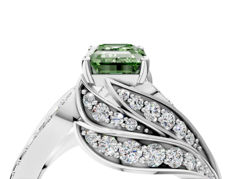 White gold Fancy Green Emerald Cut Diamond Solitaire Ring with Prong Setting and Twisted Pavé Band_16