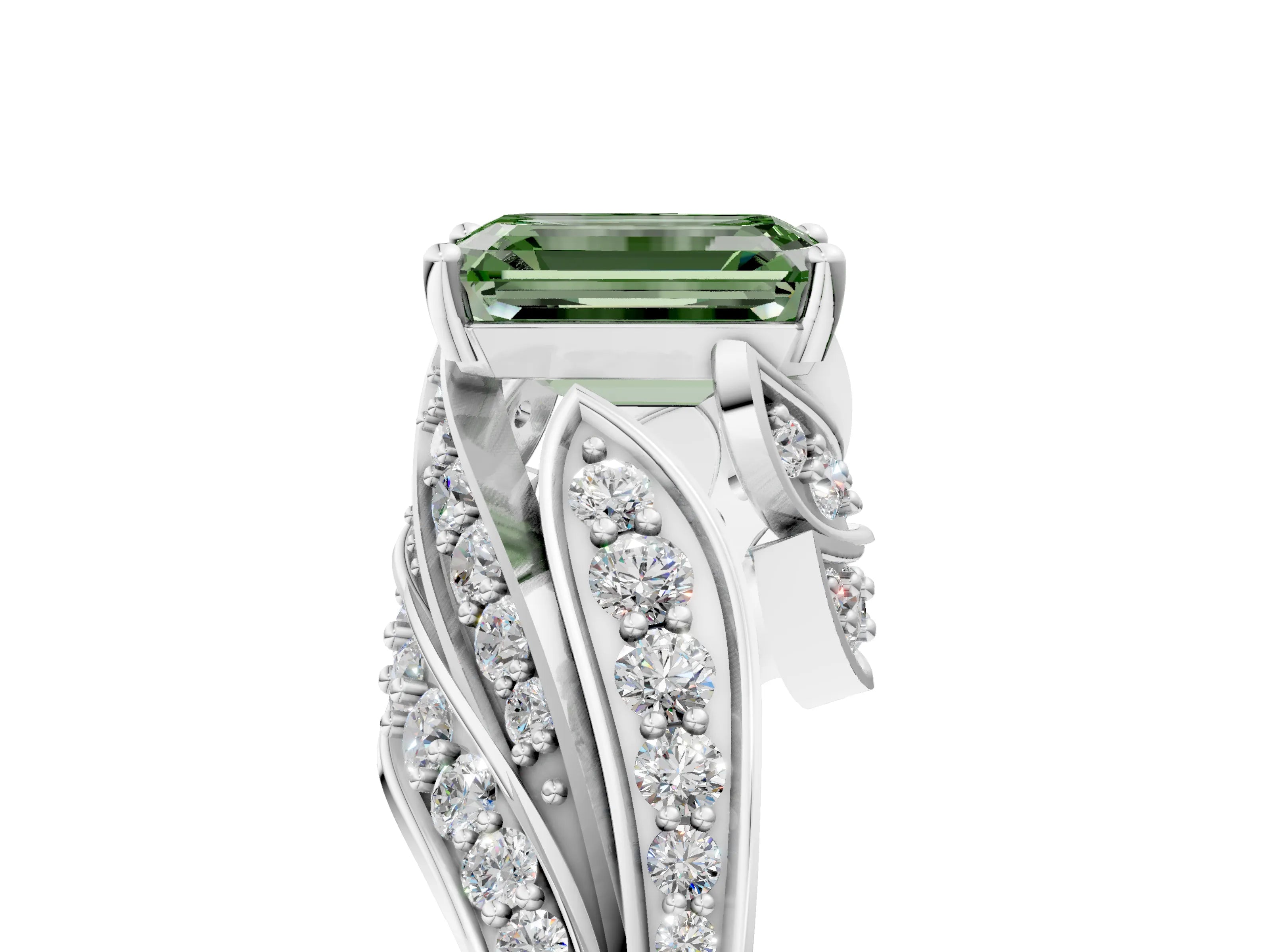 White gold Fancy Green Emerald Cut Diamond Solitaire Ring with Prong Setting and Twisted Pavé Band_17