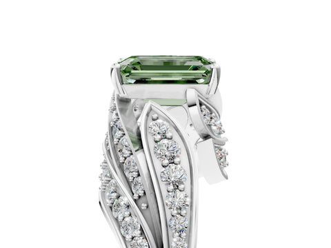 White gold Fancy Green Emerald Cut Diamond Solitaire Ring with Prong Setting and Twisted Pavé Band_17