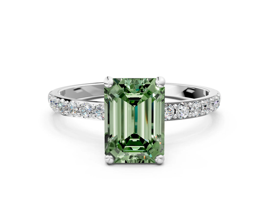 White gold Fancy Green Emerald Cut Diamond Solitaire Ring with Round  Pavé Band and Prong Setting_215