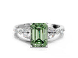 White gold Fancy Green Emerald Cut Diamond Solitaire Ring with Side Stones and Four-Prong Setting_245