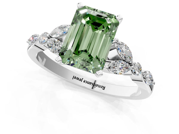 White gold Fancy Green Emerald Cut Diamond Solitaire Ring with Side Stones and Four-Prong Setting