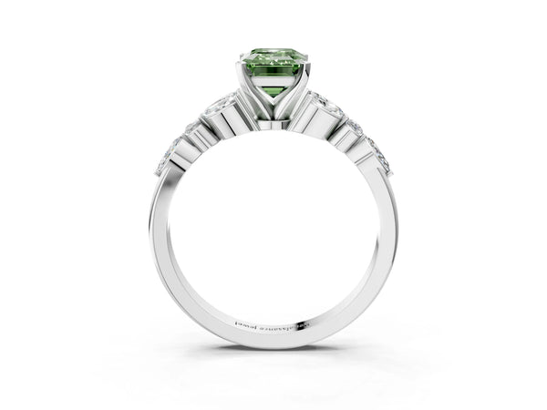 White gold Fancy Green Emerald Cut Diamond Solitaire Ring with Side Stones and Four-Prong Setting