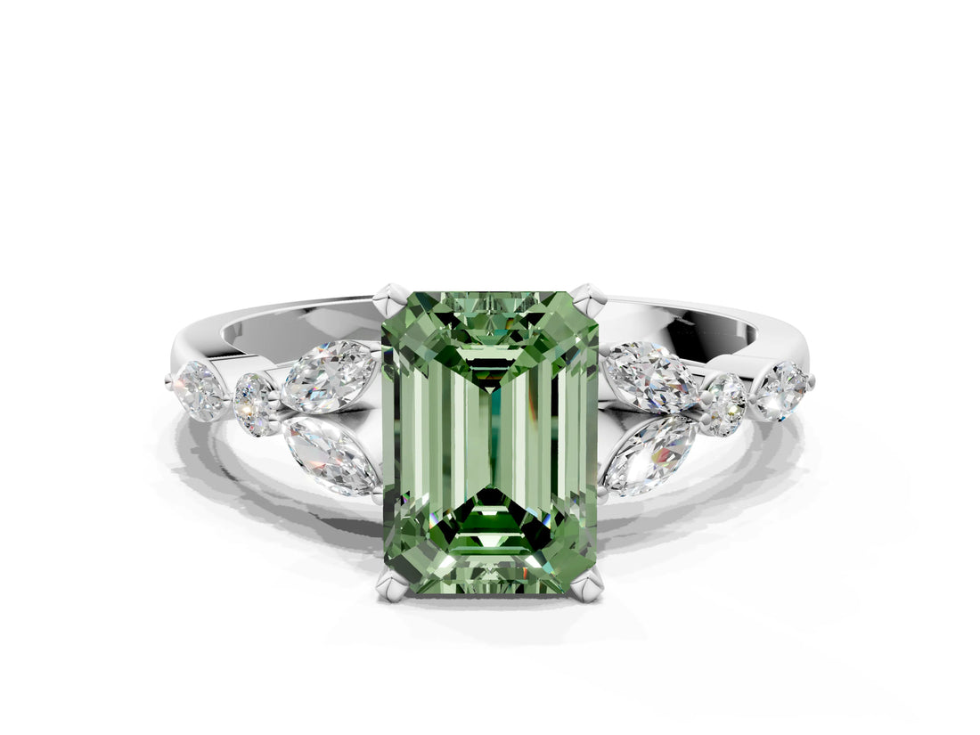 White gold Fancy Green Emerald Cut Diamond Solitaire Ring with Side Stones and Four-Prong Setting_250