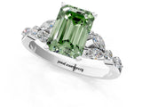 White gold Fancy Green Emerald Cut Diamond Solitaire Ring with Side Stones and Four-Prong Setting_252