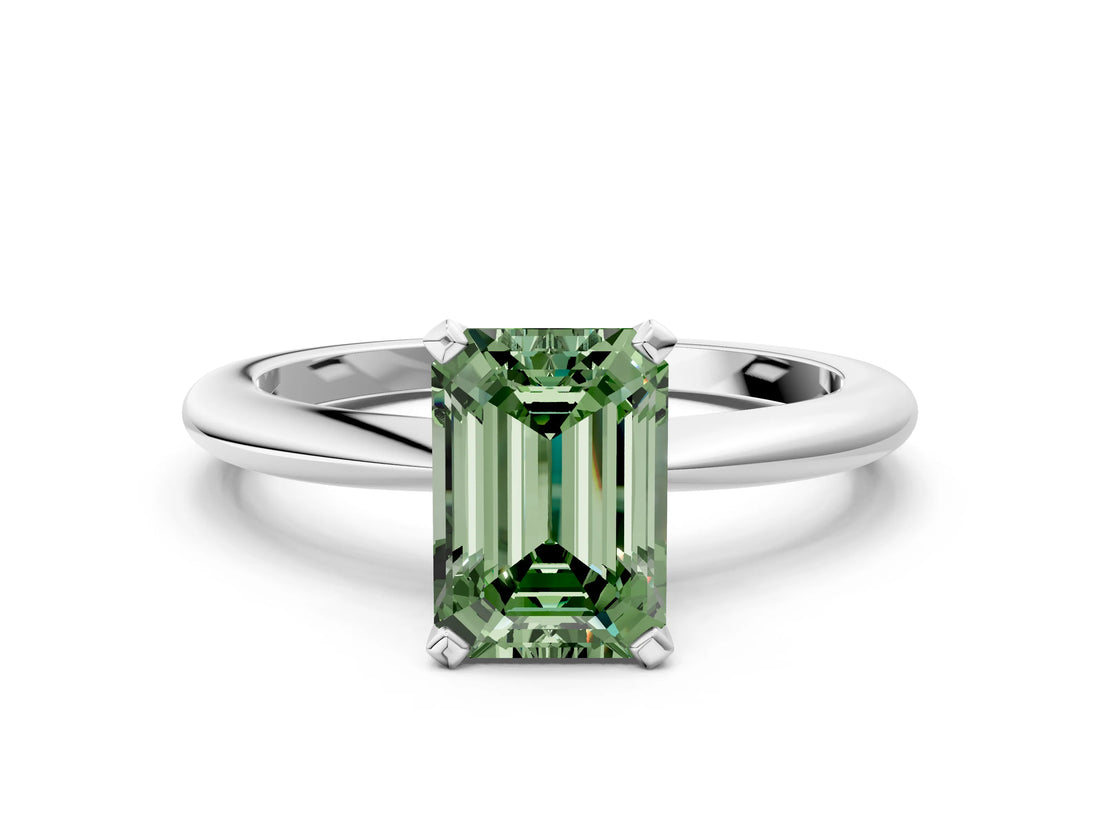 White gold Fancy Green Emerald Cut Diamond Solitaire Ring with Six-Prong Setting and Classic Band_318