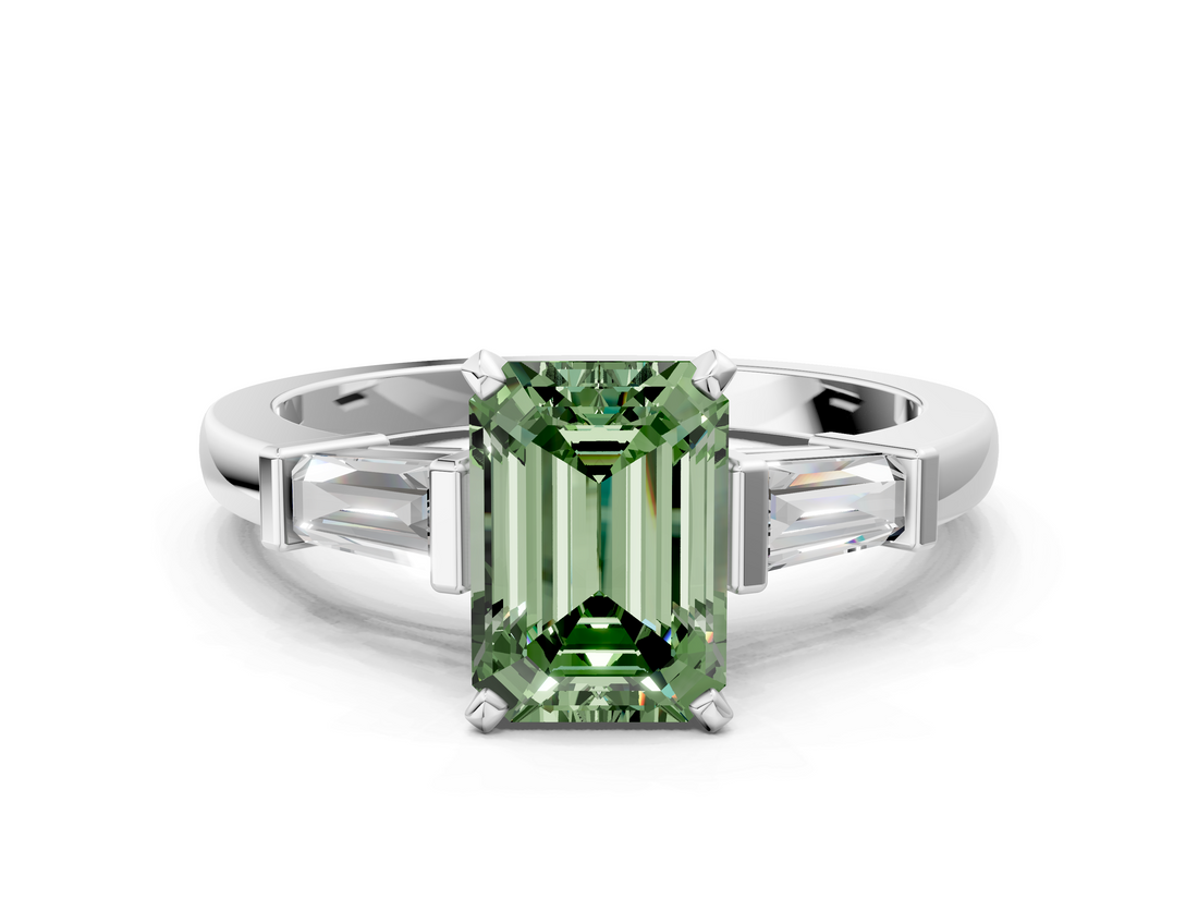 White gold Fancy Green Emerald  Cut Diamond Solitaire Ring with Tapered Baguette Accents and Four-Prong Setting_70