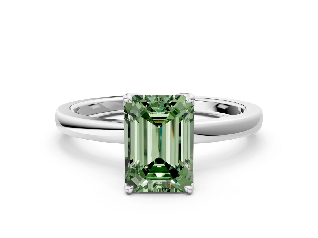 White gold Fancy Green Emerald Cut Diamond Solitaire Ring with Thin Band and Prong Setting_41