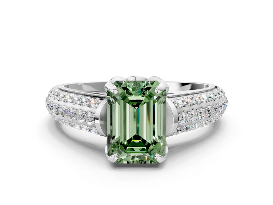 White gold Fancy Green Emerald Cut Diamond Solitaire Ring with Three-Row Pavé Band and Four-Prong Setting_44