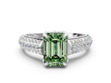 White gold Fancy Green Emerald Cut Diamond Solitaire Ring with Three-Row Pavé Band and Four-Prong Setting_49