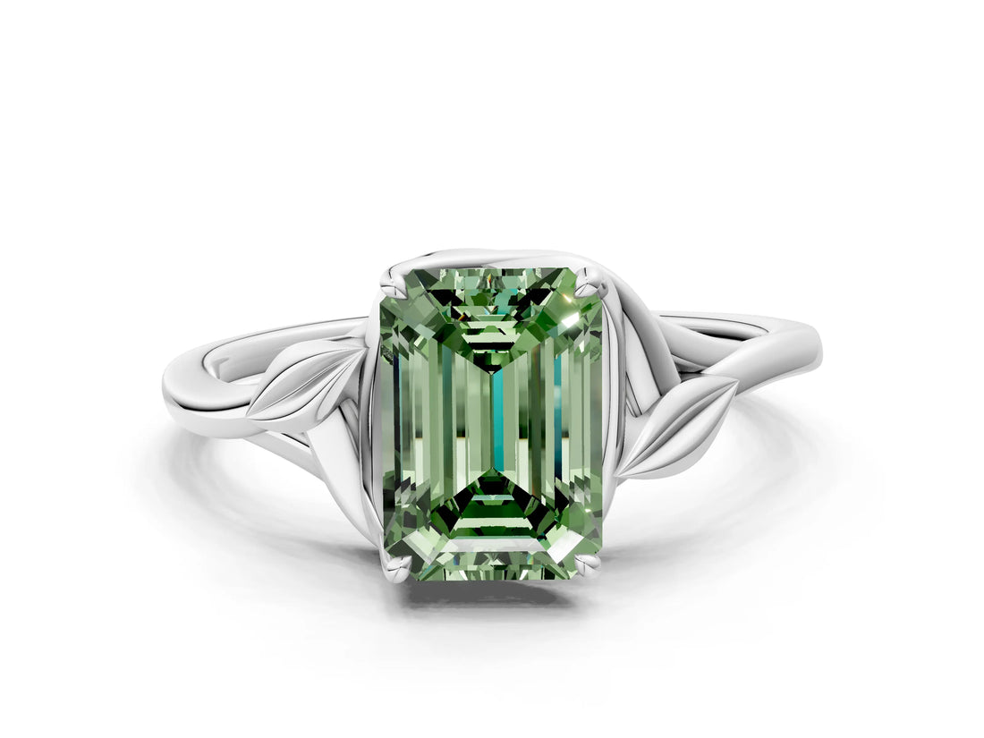 White gold Fancy Green Emerald Cut Diamond Solitaire Ring with Twist Band and Four-Prong Setting_81