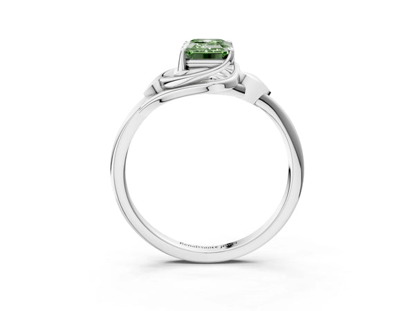 White gold Fancy Green Emerald Cut Diamond Solitaire Ring with Twist Band and Four-Prong Setting