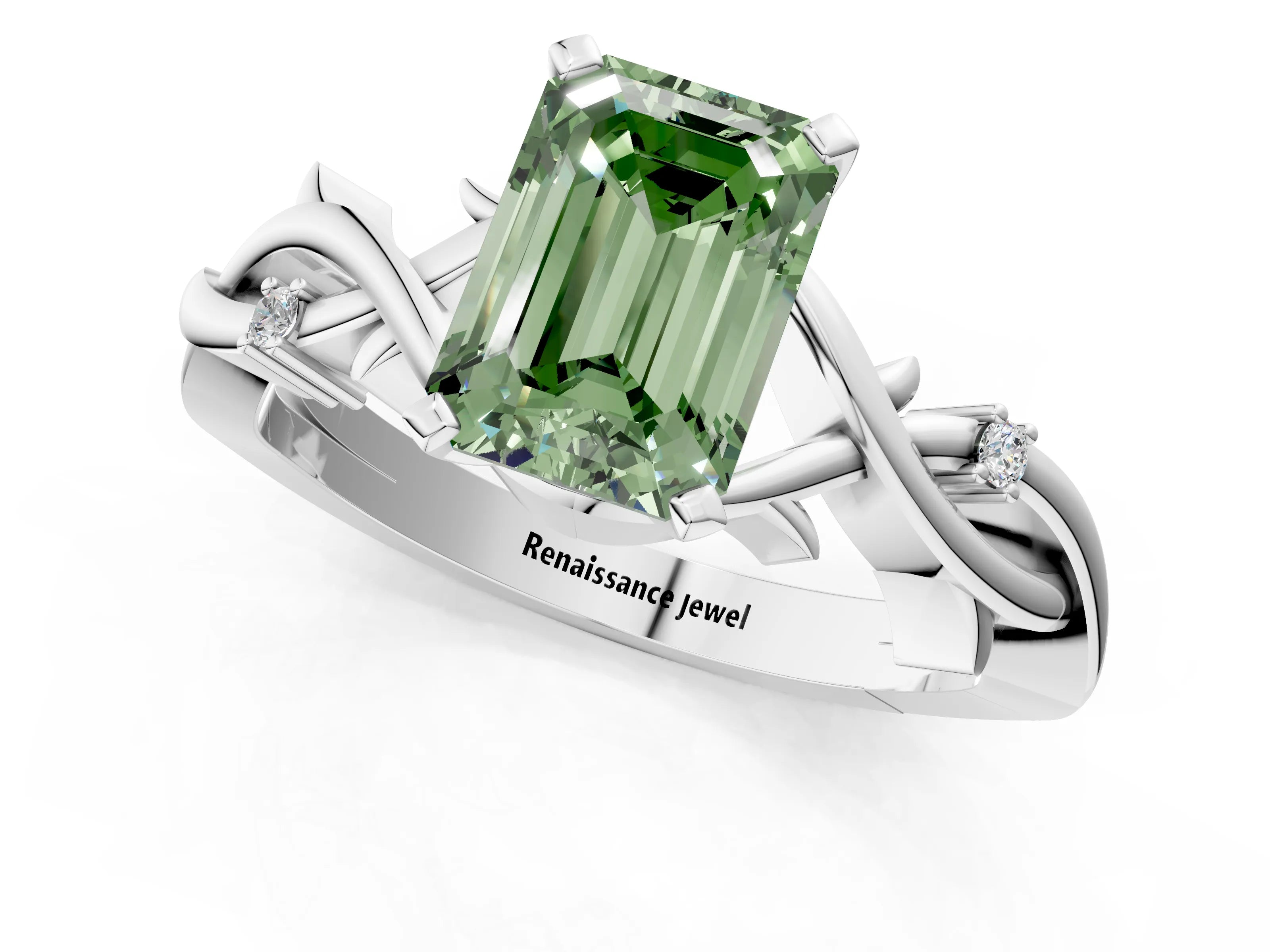 White gold Fancy Green Emerald Cut Diamond Solitaire Ring with Twisted Band and Prong Setting_376