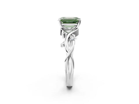 White gold Fancy Green Emerald Cut Diamond Solitaire Ring with Twisted Band and Prong Setting_377