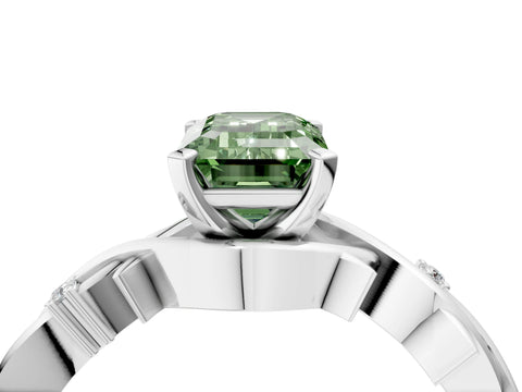 White gold Fancy Green Emerald Cut Diamond Solitaire Ring with Twisted Band and Prong Setting_379