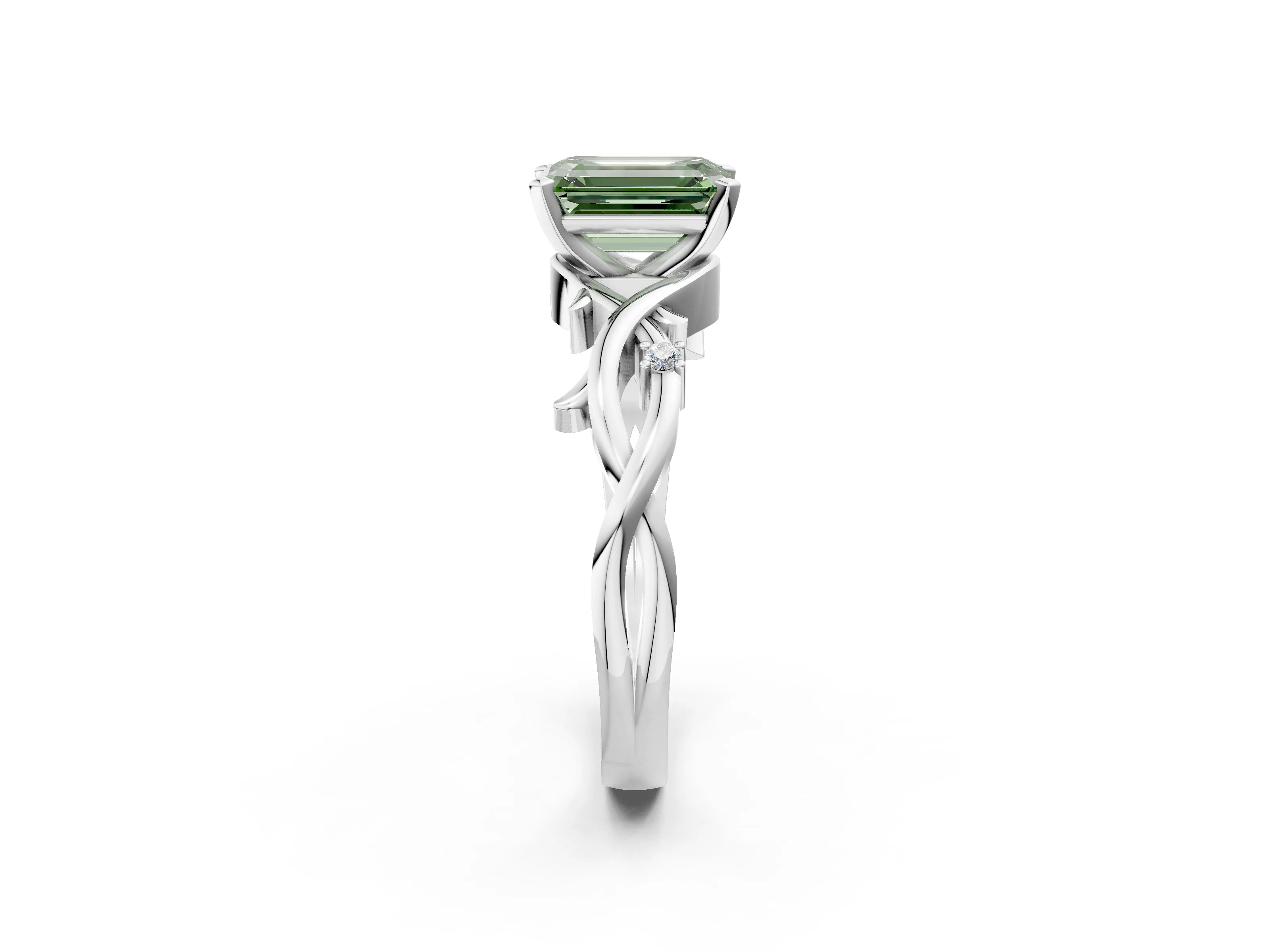 White gold Fancy Green Emerald Cut Diamond Solitaire Ring with Twisted Band and Prong Setting_381