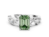 White gold Fancy Green Emerald Cut Diamond Solitaire Ring with Twisted Band and Prong Setting_381