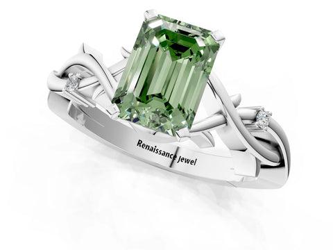 White gold Fancy Green Emerald Cut Diamond Solitaire Ring with Twisted Band and Prong Setting_382