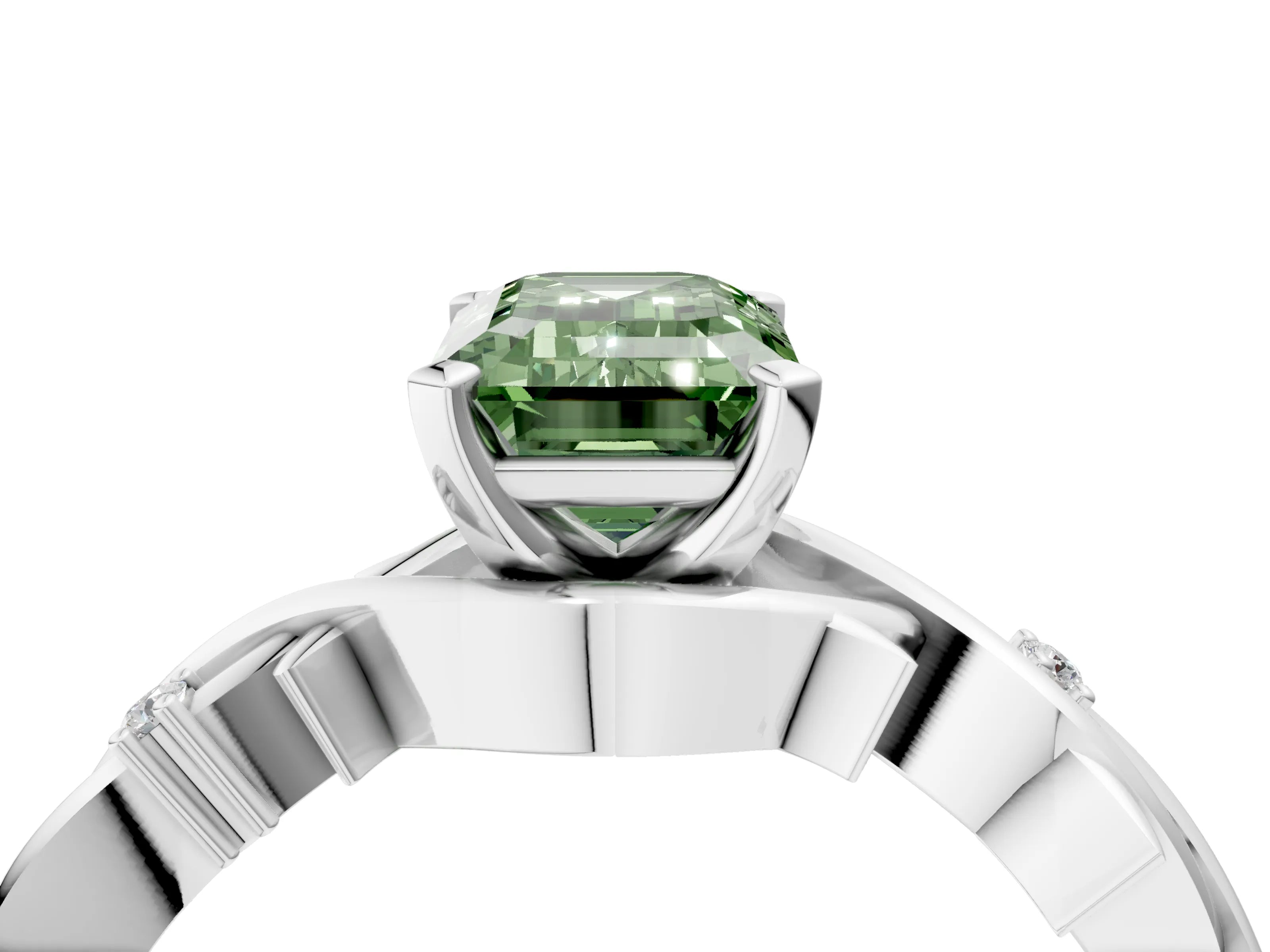 White gold Fancy Green Emerald Cut Diamond Solitaire Ring with Twisted Band and Prong Setting_383