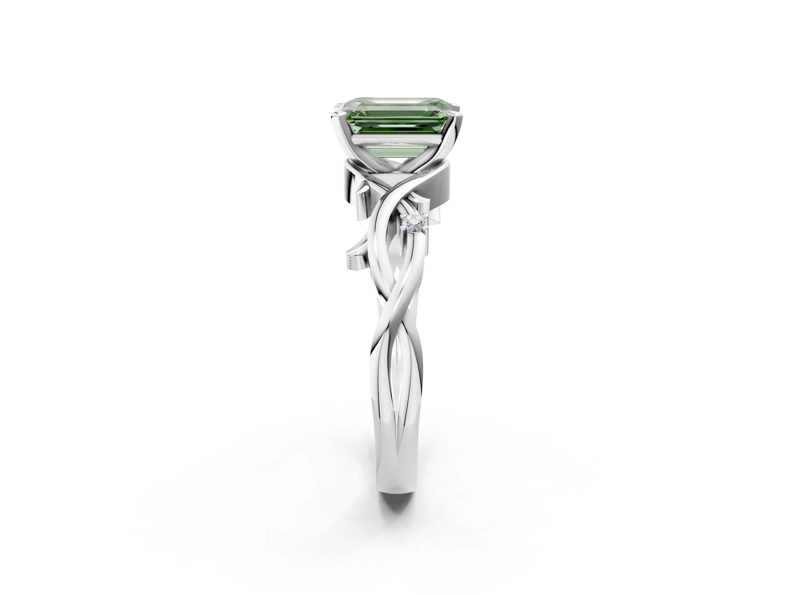 White gold Fancy Green Emerald Cut Diamond Solitaire Ring with Twisted Band and Prong Setting_383