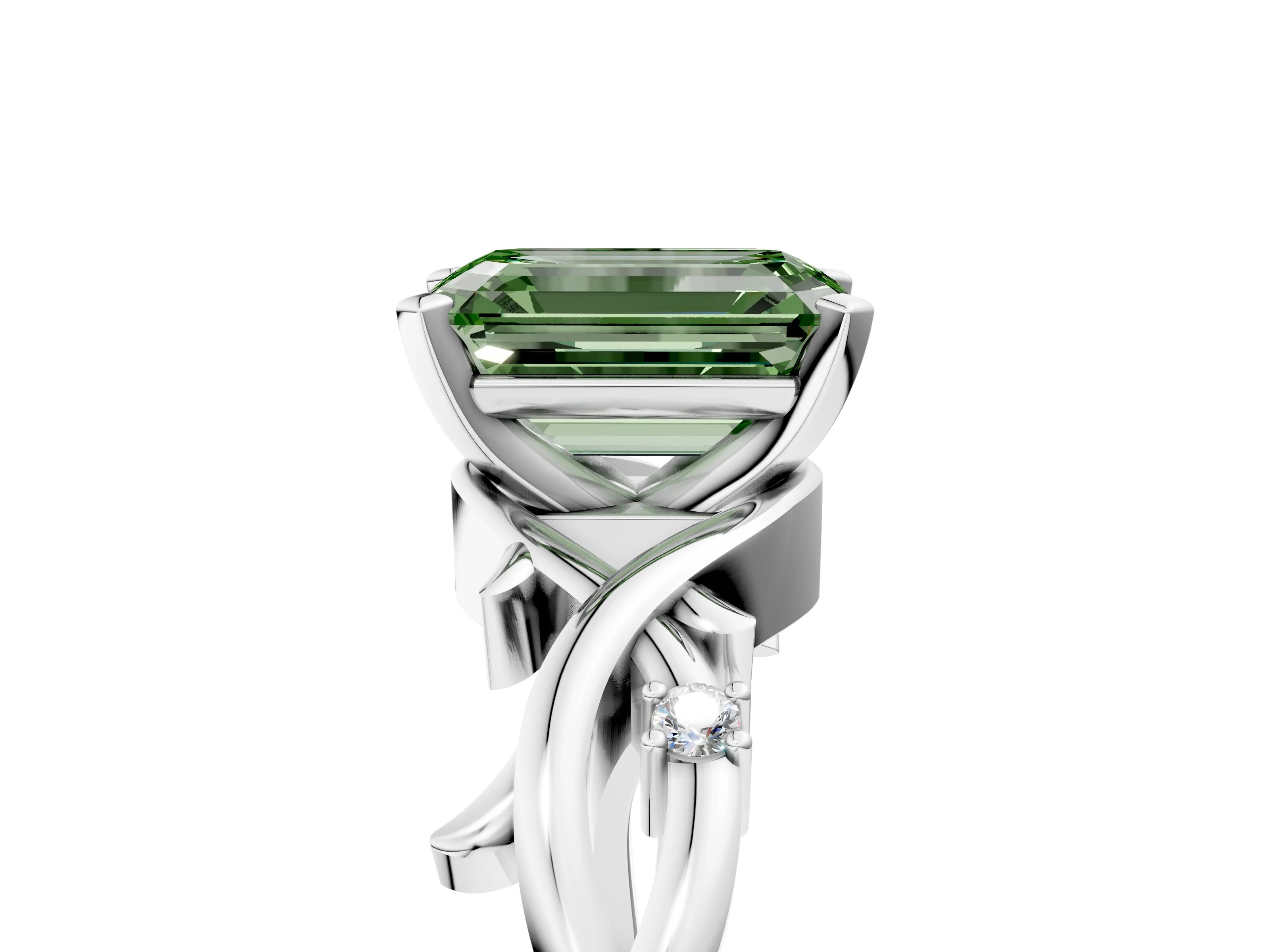 White gold Fancy Green Emerald Cut Diamond Solitaire Ring with Twisted Band and Prong Setting_384