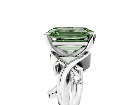 White gold Fancy Green Emerald Cut Diamond Solitaire Ring with Twisted Band and Prong Setting_386